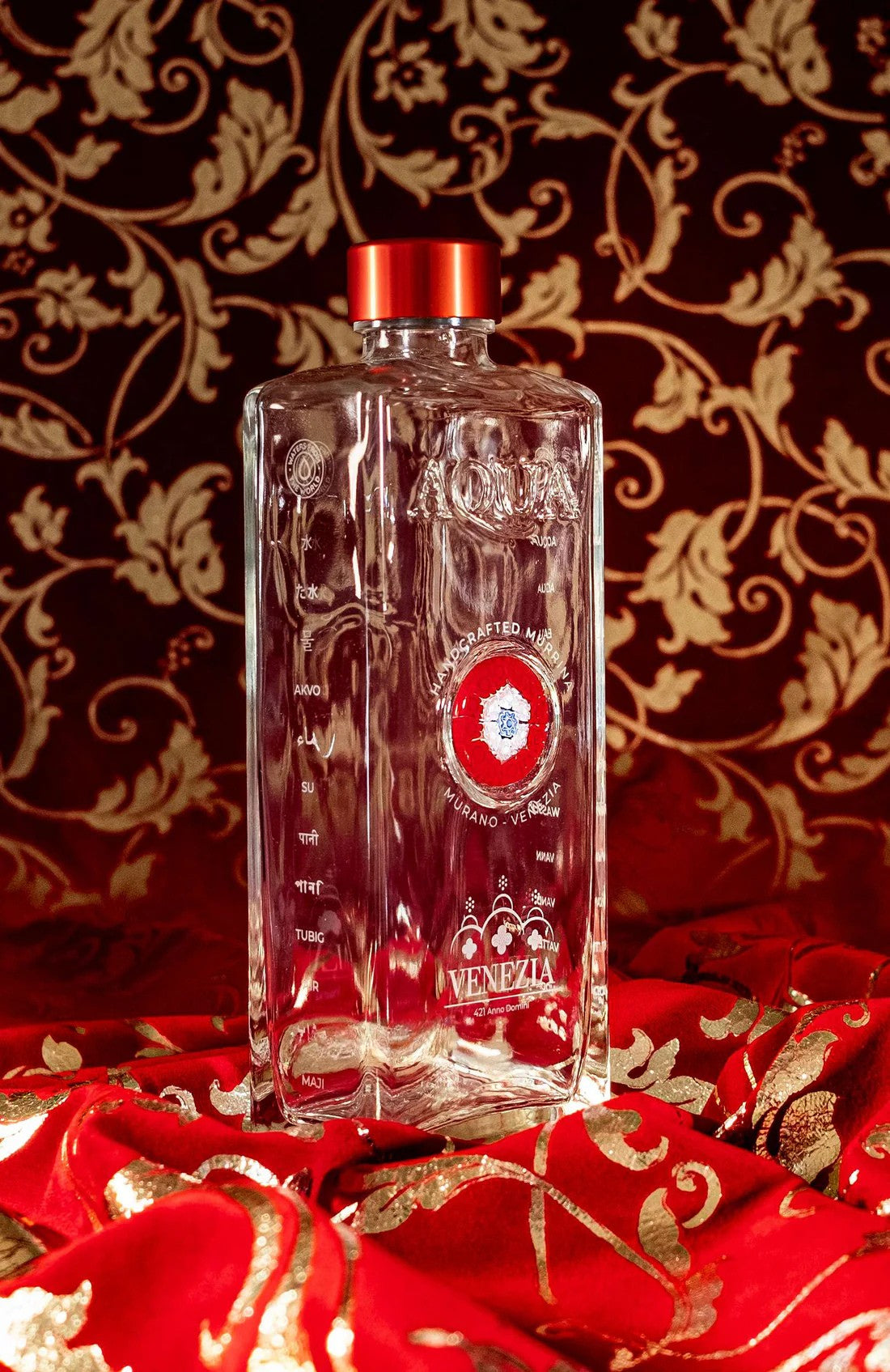 Glass Bottle with Handcrafted Murrina of Murano - Red, White, Blue.