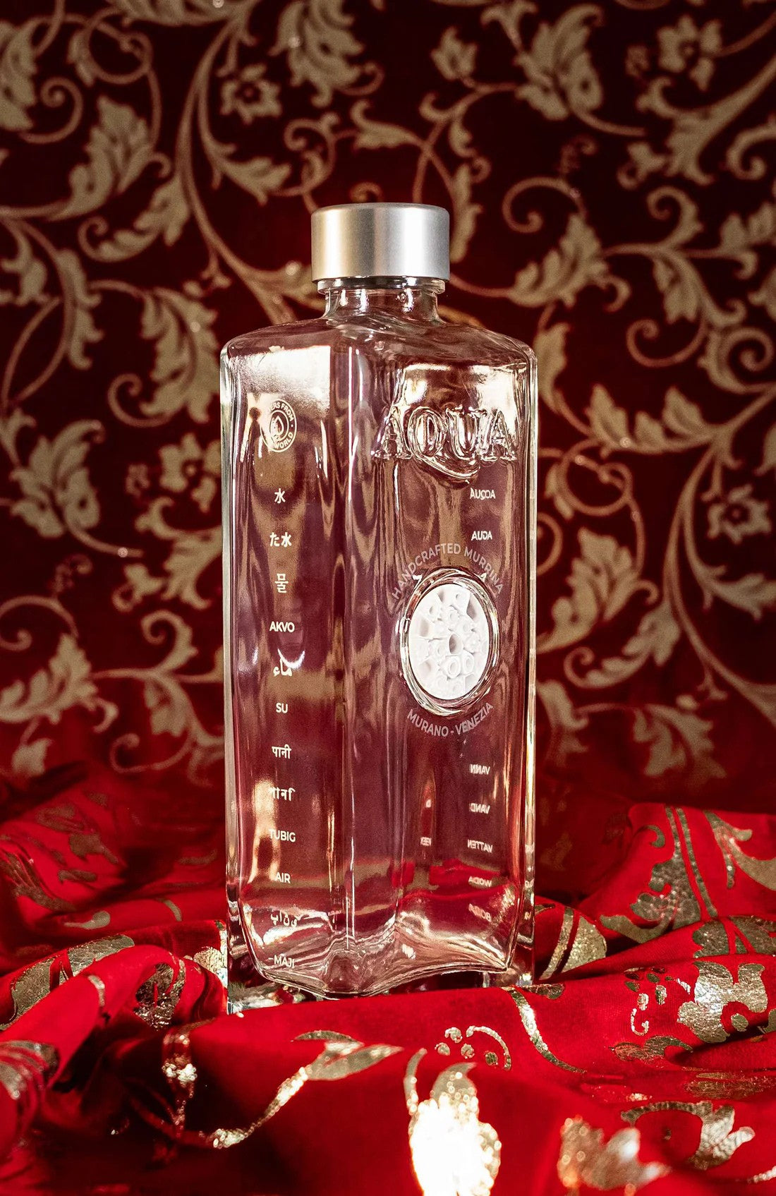 Glass Bottle with Handcrafted Murrina of Murano - Bianca &amp; Argento, Logo Venezia.