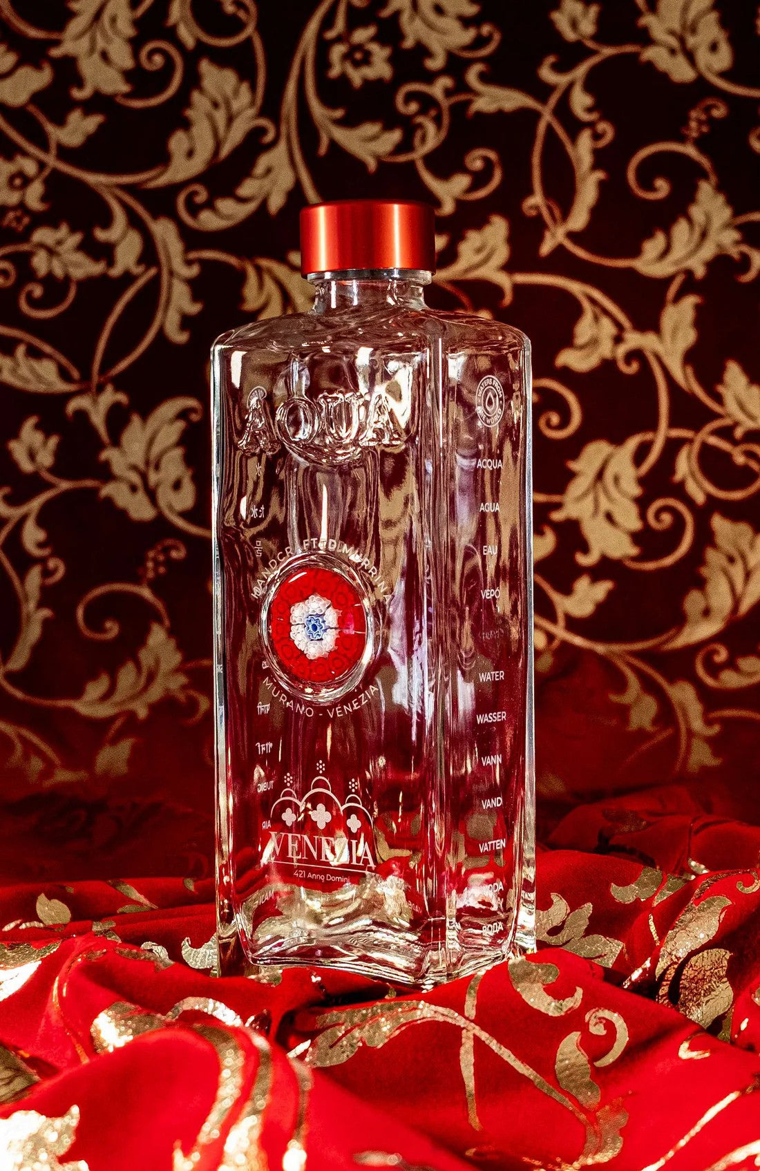Glass Bottle with Handcrafted Murrina of Murano - Red, White, Blue.