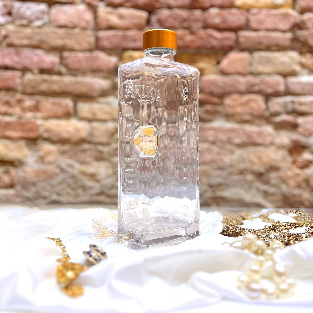 Glass Bottle with Murrina Glass of Murano - White & Gold 24Kt, Logo Venezia.