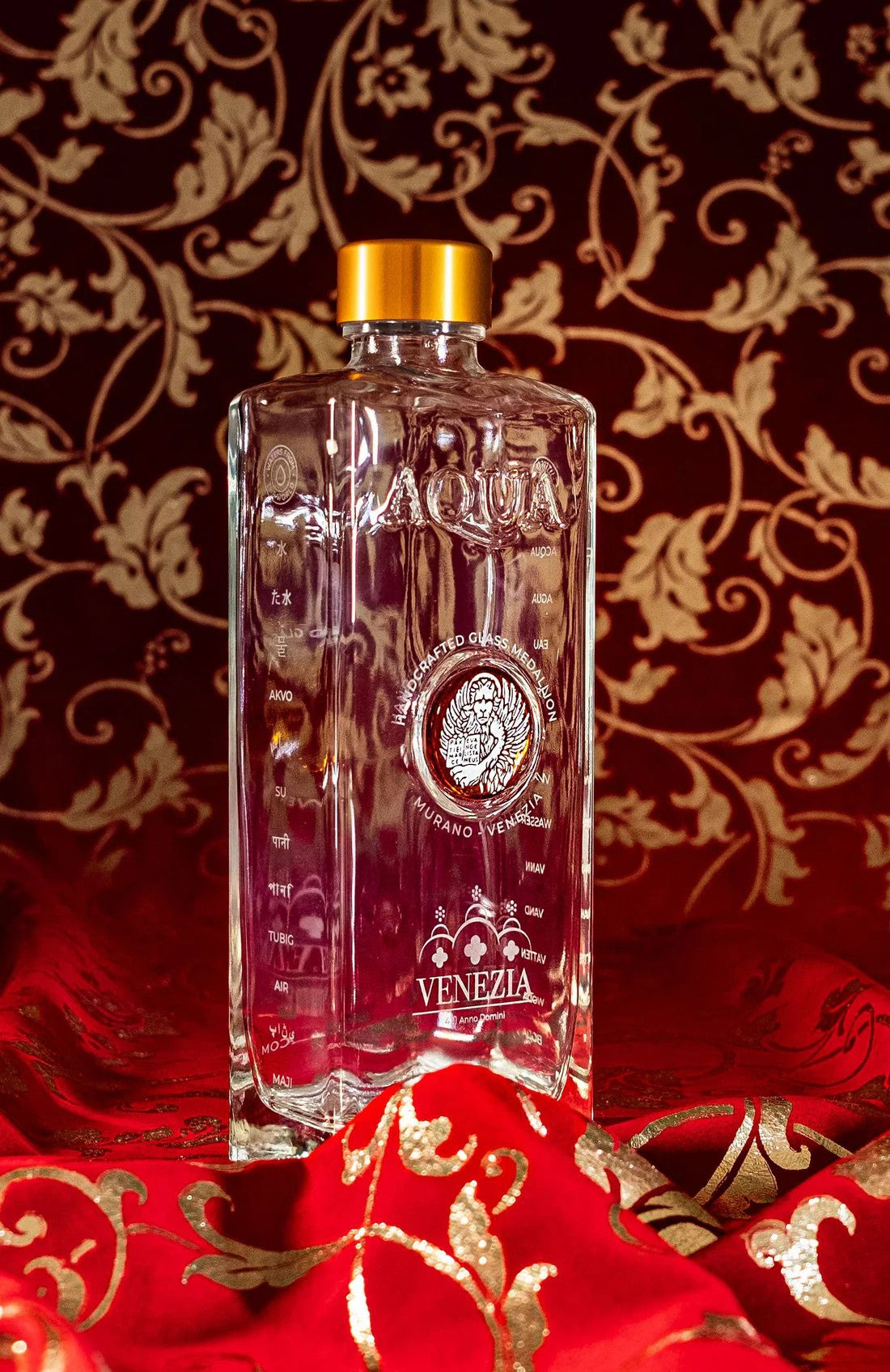 Glass Bottle with Amber Murano Glass Medallion decorated with White Lion.