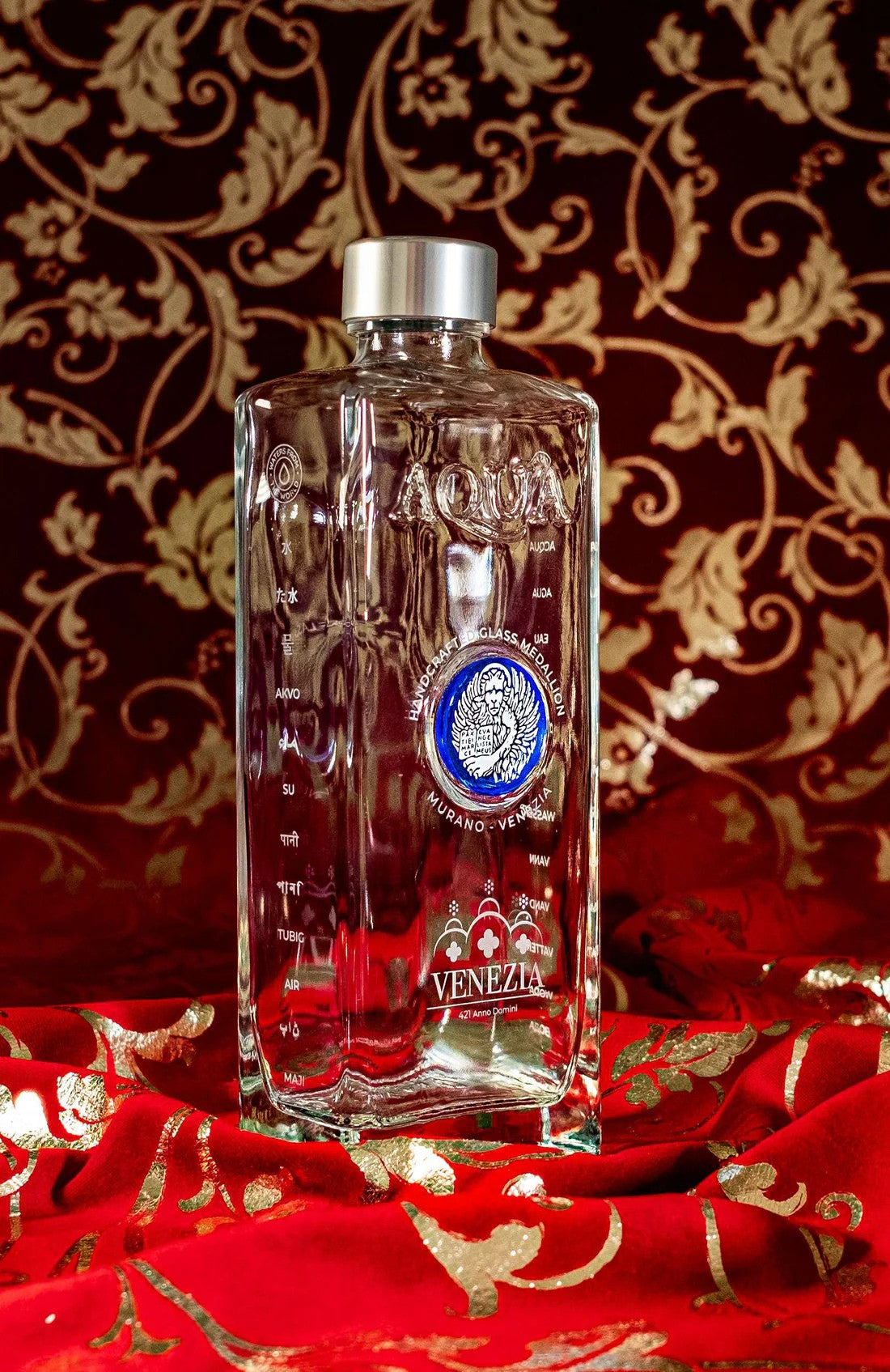 Glass Bottle with Bluino Murano Glass Medallion printed with White Lion.