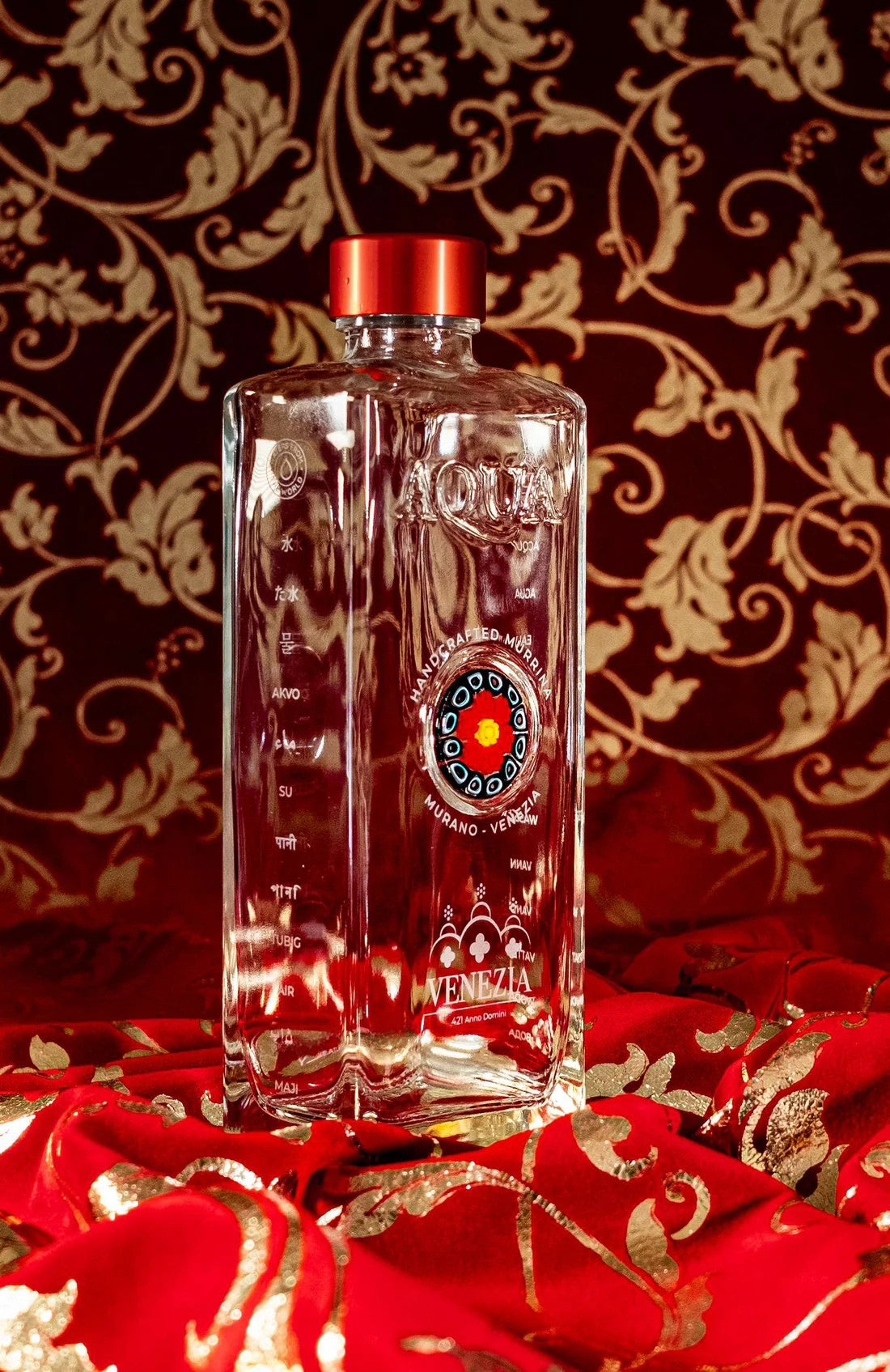 Glass Bottle with Handcrafted Murrina of Murano - Black, Red, Yellow.