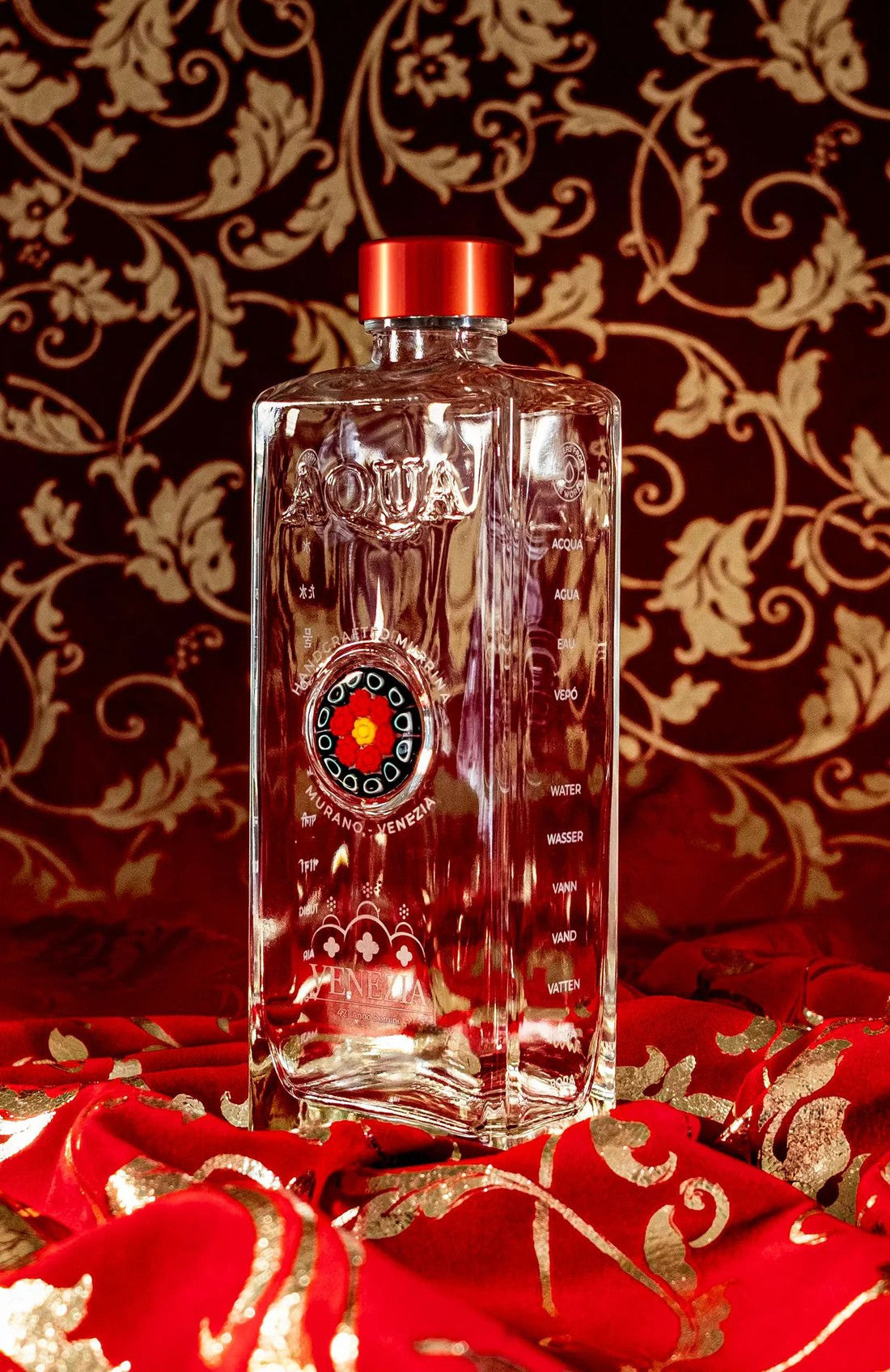 Glass Bottle with Handcrafted Murrina of Murano - Black, Red, Yellow.