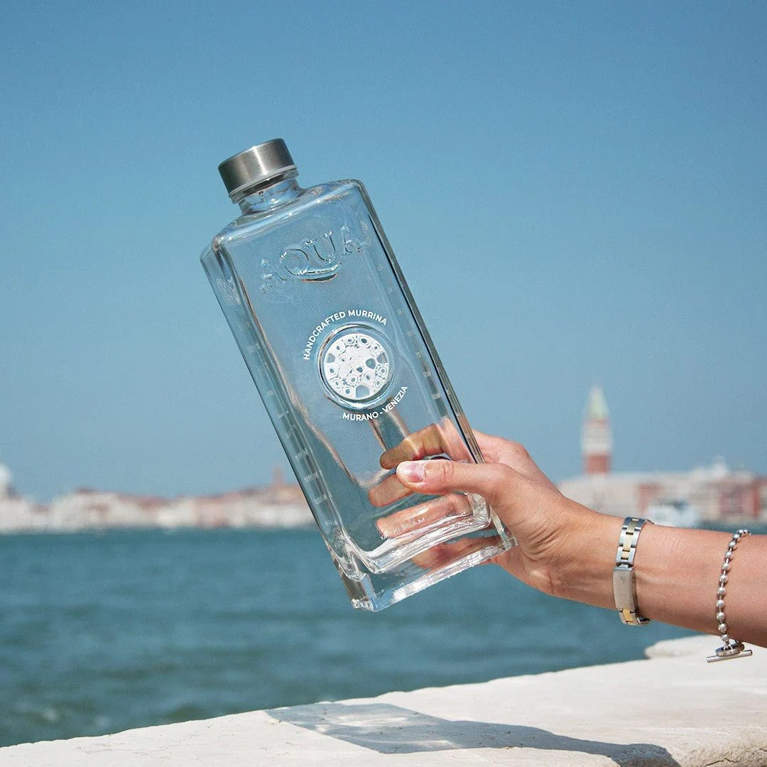 Glass Bottle with Handcrafted Murrina of Murano - Bianca &amp; Argento, Logo Venezia.