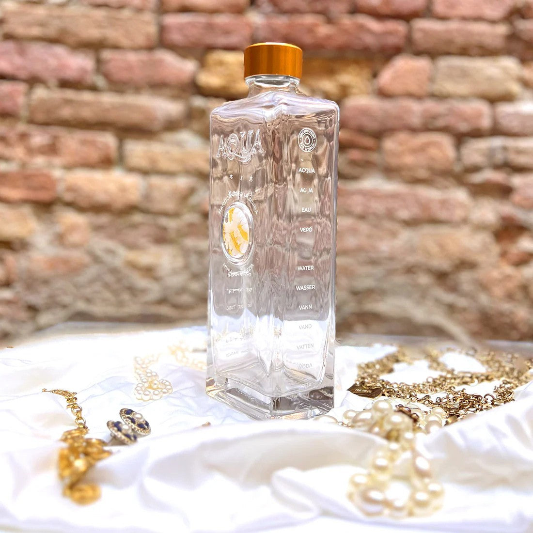 Glass Bottle with Murrina Glass of Murano - White & Gold 24Kt, Logo Venezia.
