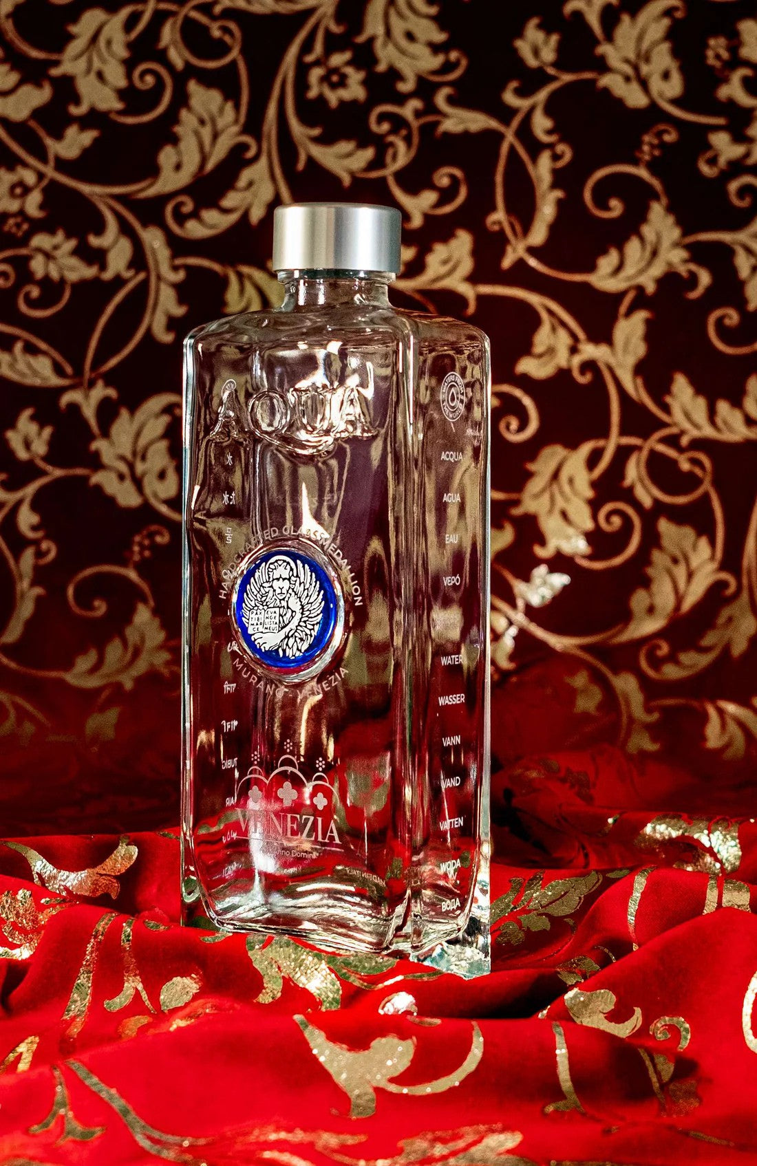 Glass Bottle with Bluino Murano Glass Medallion printed with White Lion.