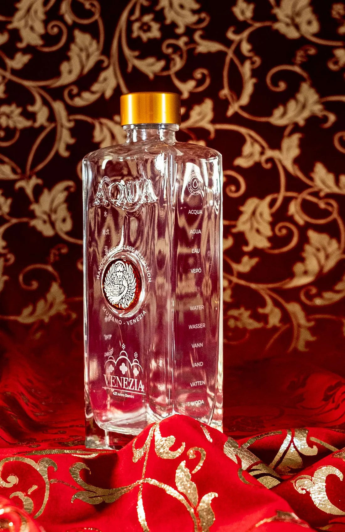 Glass Bottle with Amber Murano Glass Medallion decorated with White Lion.