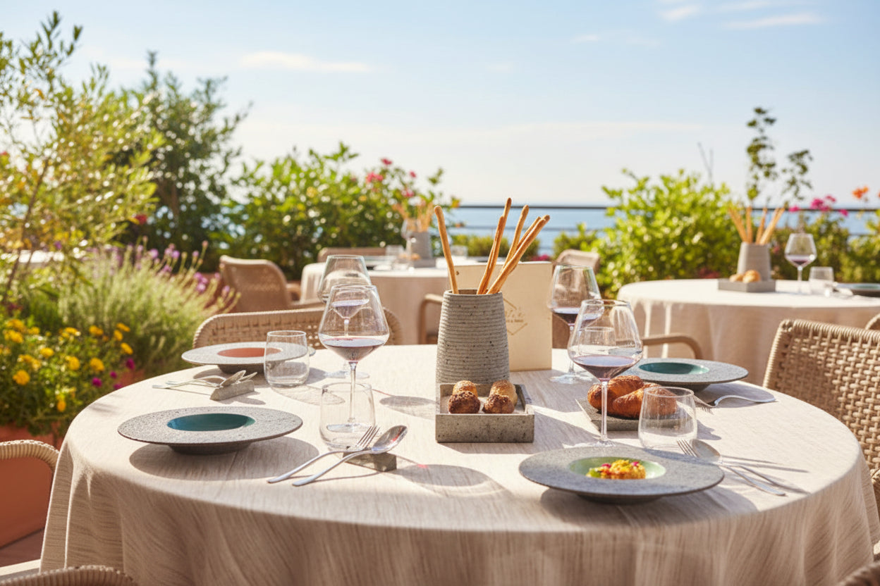 Dining table set with wine glasses, appetizers, and a vase with bread sticks.