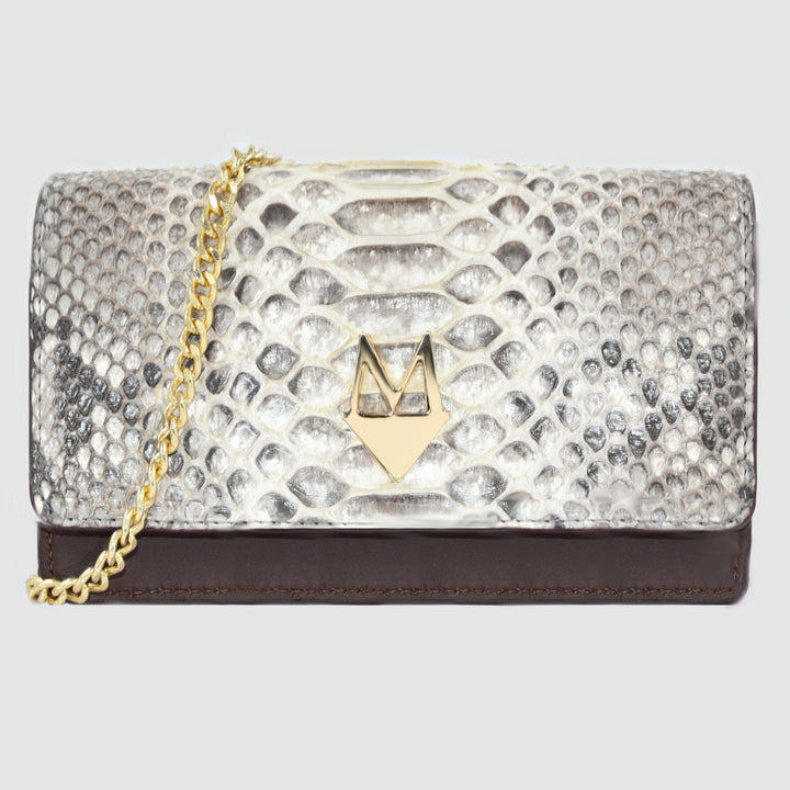 Pochette "Divina" Borsa in vera pelle di Pitone Bianco e Nero e pelle Marrone