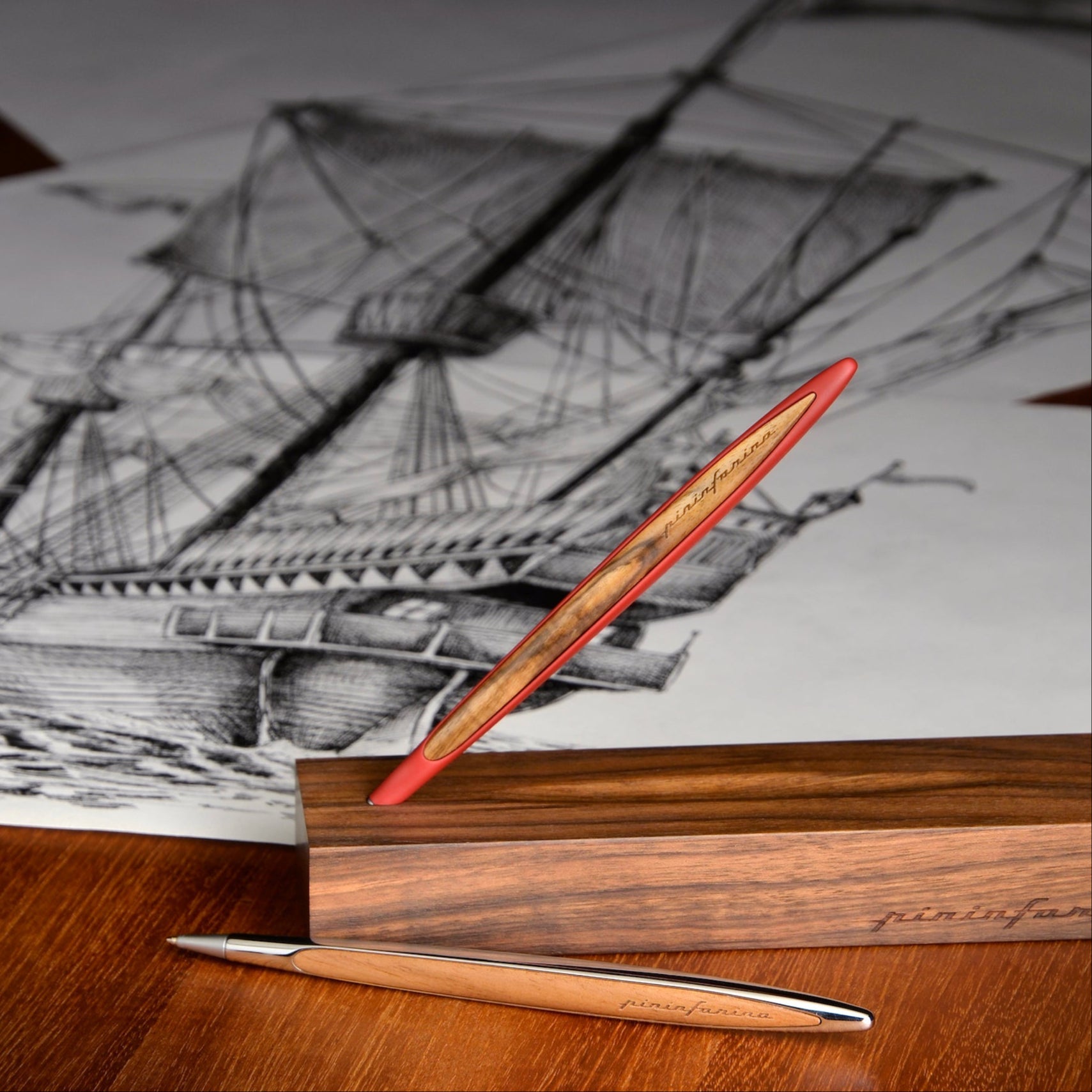 Pininfarina Cambiano Classic Ink - Ballpoint Pen with Solid Wood Desk Stand