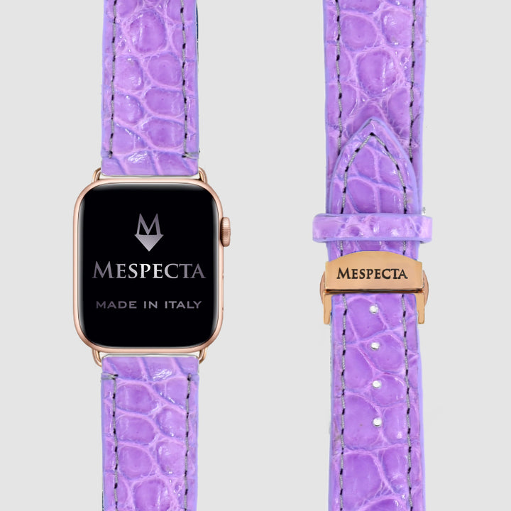 Cinturino Apple Watch Personalizzabile in Pelle di Coccodrillo Lilla – Personalizzabile (Ultra, Serie 4–10, SE)Ultra 2, Ultra, 10, 9, 8, 7, 6, 5, 4, SE  in vera pelle di Coccodrillo Lilla