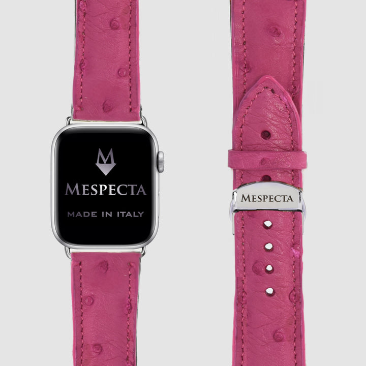 Cinturino Apple Watch in Pelle di struzzo fucsia – Personalizzabile (Ultra, Serie 4–10, SE)