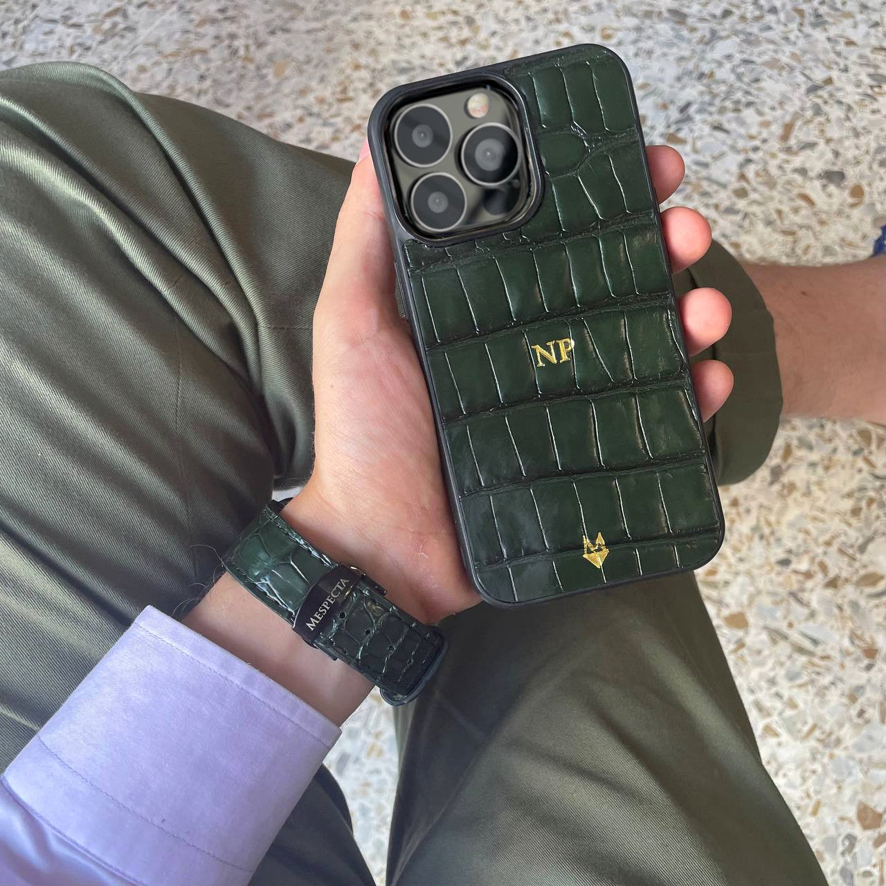 Cover in vera pelle di Coccodrillo iPhone MagSafe 17/16/15/14/13/12  Verde Bosco