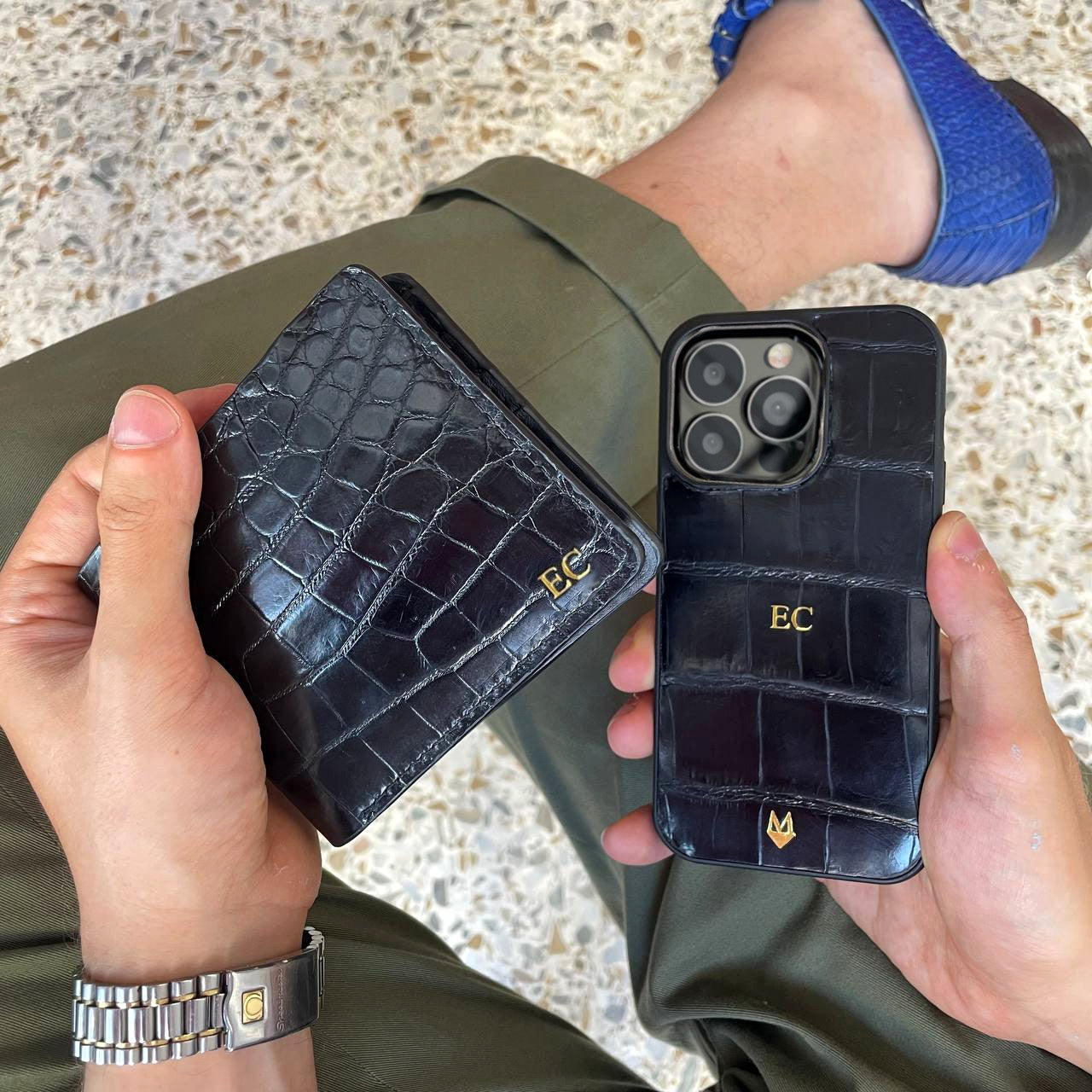 Portafoglio  mod. "Esemplare" in vera pelle di Coccodrillo Nero Personalizzabile