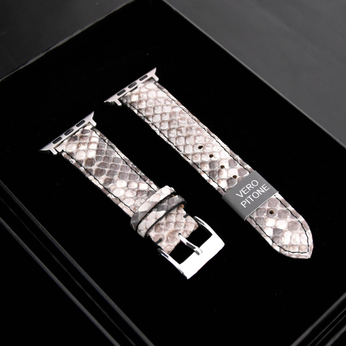 Cinturino Strap Band Apple Watch Personalizzabile serie 8, 7, 6, 5, 4, SE in in vero Pitone Bianco e Nero - MESPECTA Italia