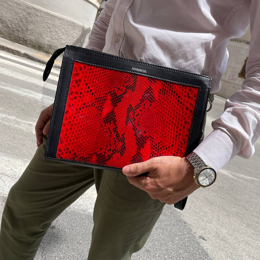 Pochette borsa mod. "Conquistatore" Uomo Personalizzabile in vera pelle di Pitone Rosso