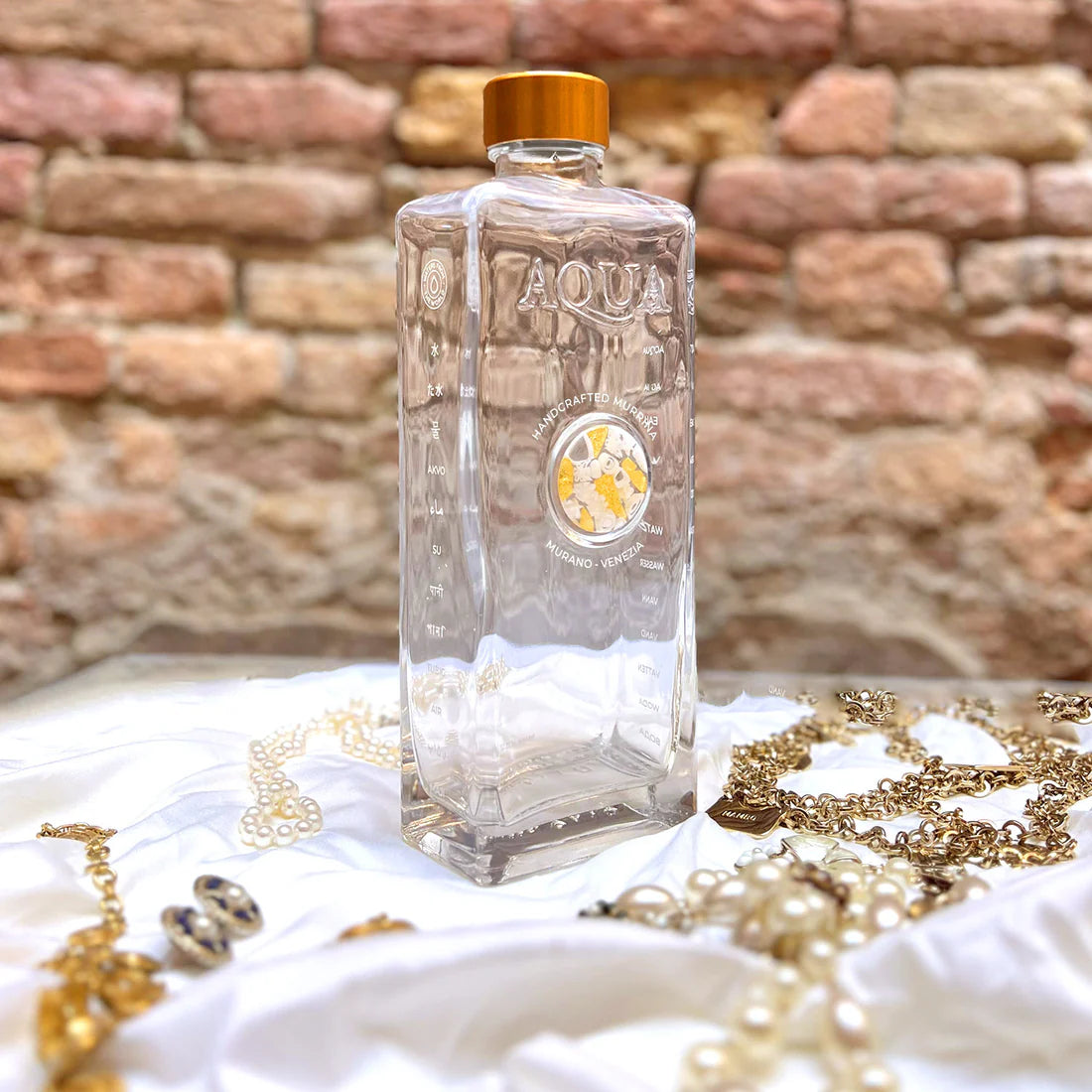 Glass Bottle with Murrina Glass of Murano - White & Gold 24Kt, Logo Venezia.
