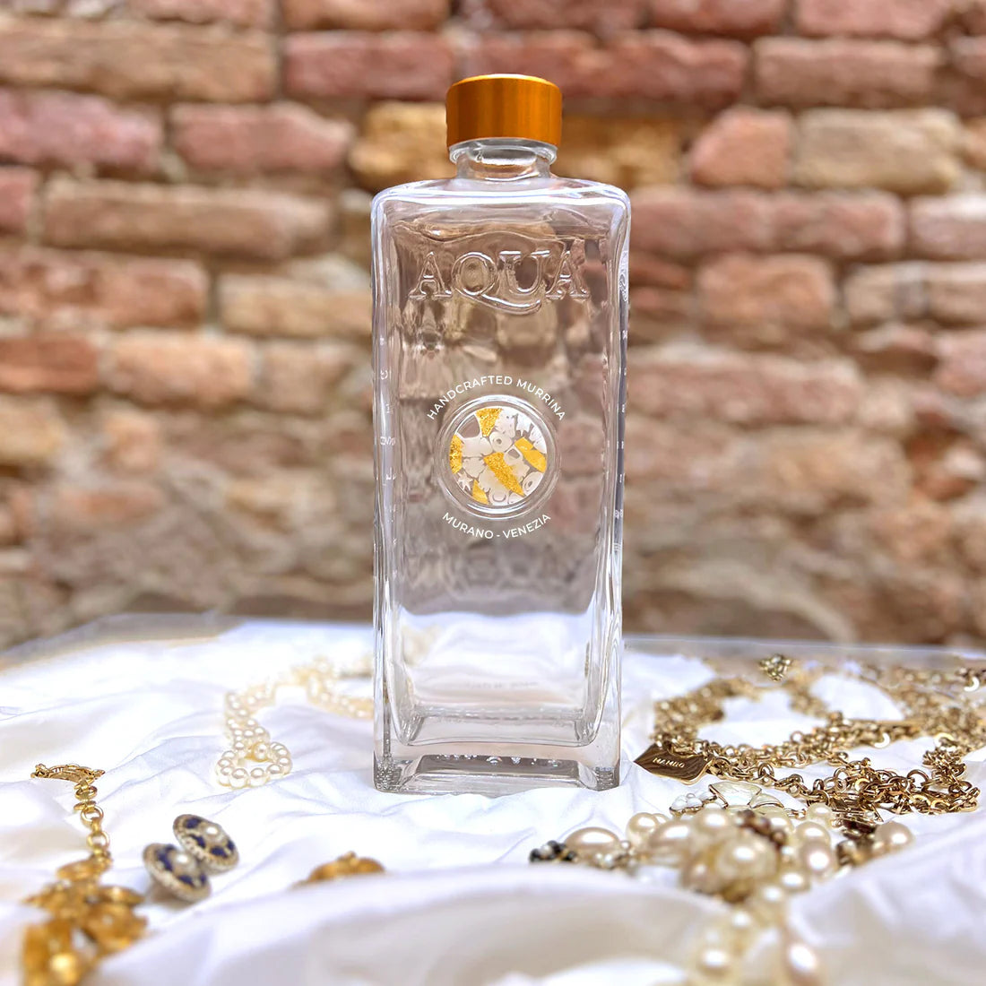 Glass Bottle with Murrina Glass of Murano - White & Gold 24Kt, Logo Venezia.