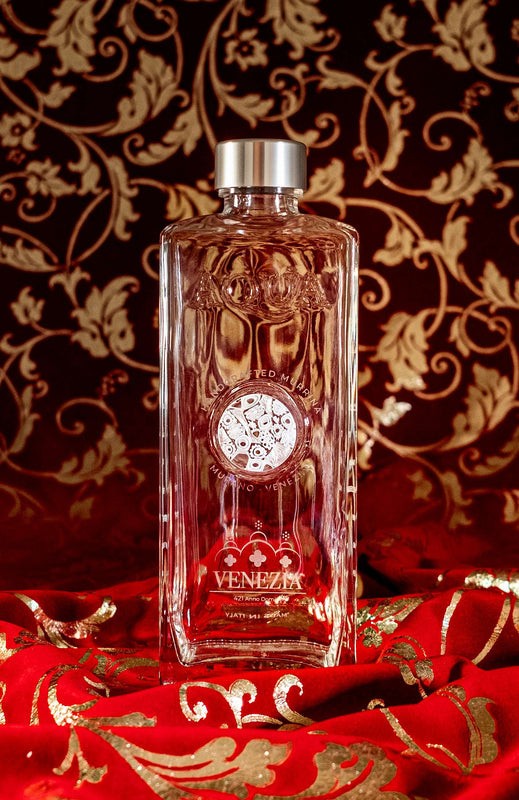 Glass Bottle with Handcrafted Murrina of Murano - Bianca &amp; Argento, Logo Venezia.