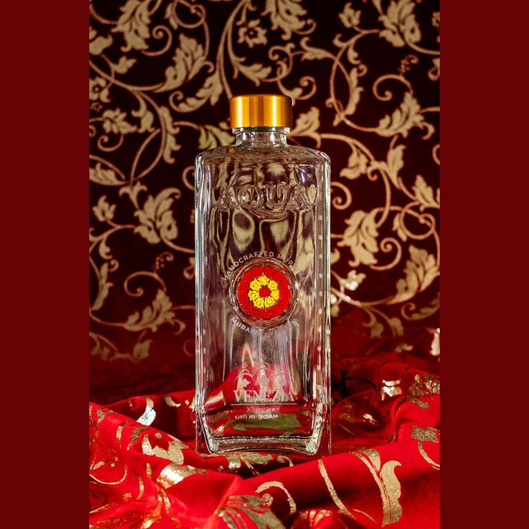 Glass Bottle with Handcrafted Murrina of Murano - Red, Yellow.
