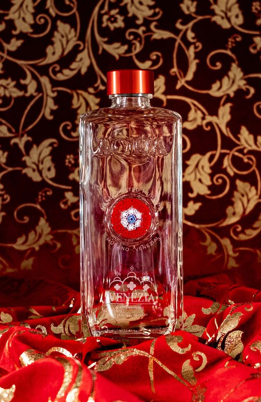 Glass Bottle with Handcrafted Murrina of Murano - Red, White, Blue.