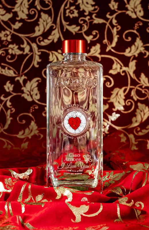 Glass Bottle with Murrina Glass of Murano – Cuore Red, Ciao Amore, 'I Love You!'.