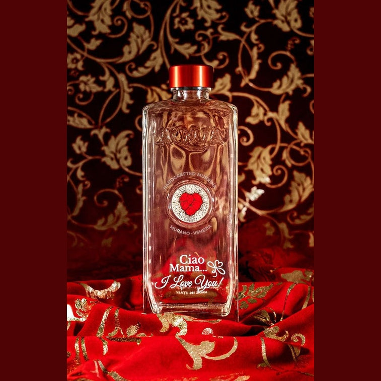 Glass Bottle with Murrina Glass of Murano – Cuore Red, Ciao Mama 'I Love You!'.