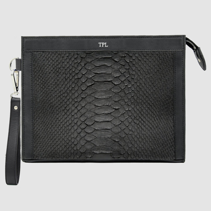 Pochette clutch borsello Uomo in vera pelle di Pitone - Personalizzabile con iniziali - Nero