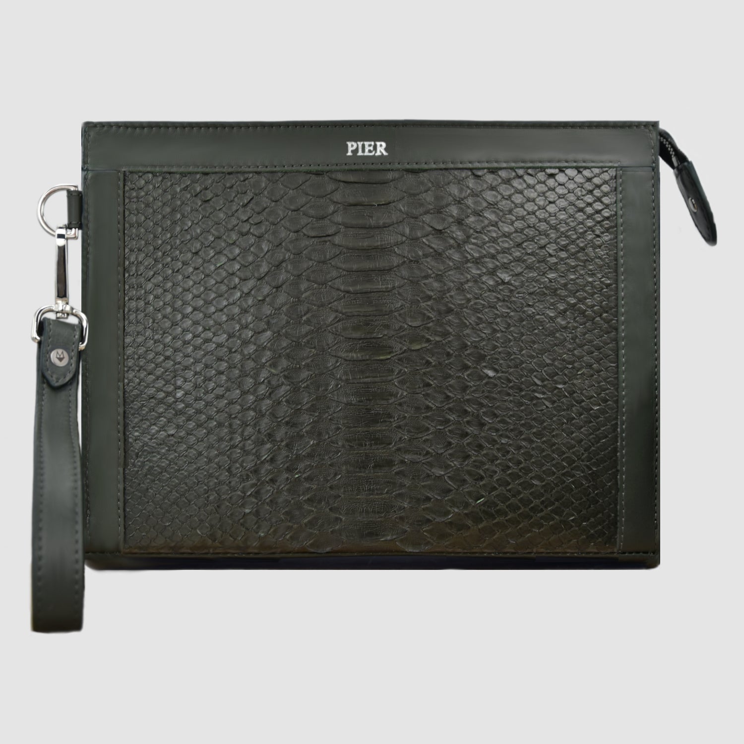 Pochette clutch borsamod. "Conquistatore" Uomo pelle di Pitone Personalizzabile con iniziali - Verde Militare