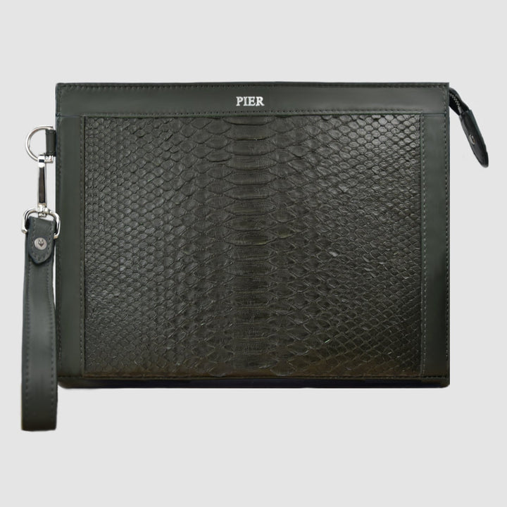 Pochette clutch borsamod. "Conquistatore" Uomo pelle di Pitone Personalizzabile con iniziali - Verde Militare