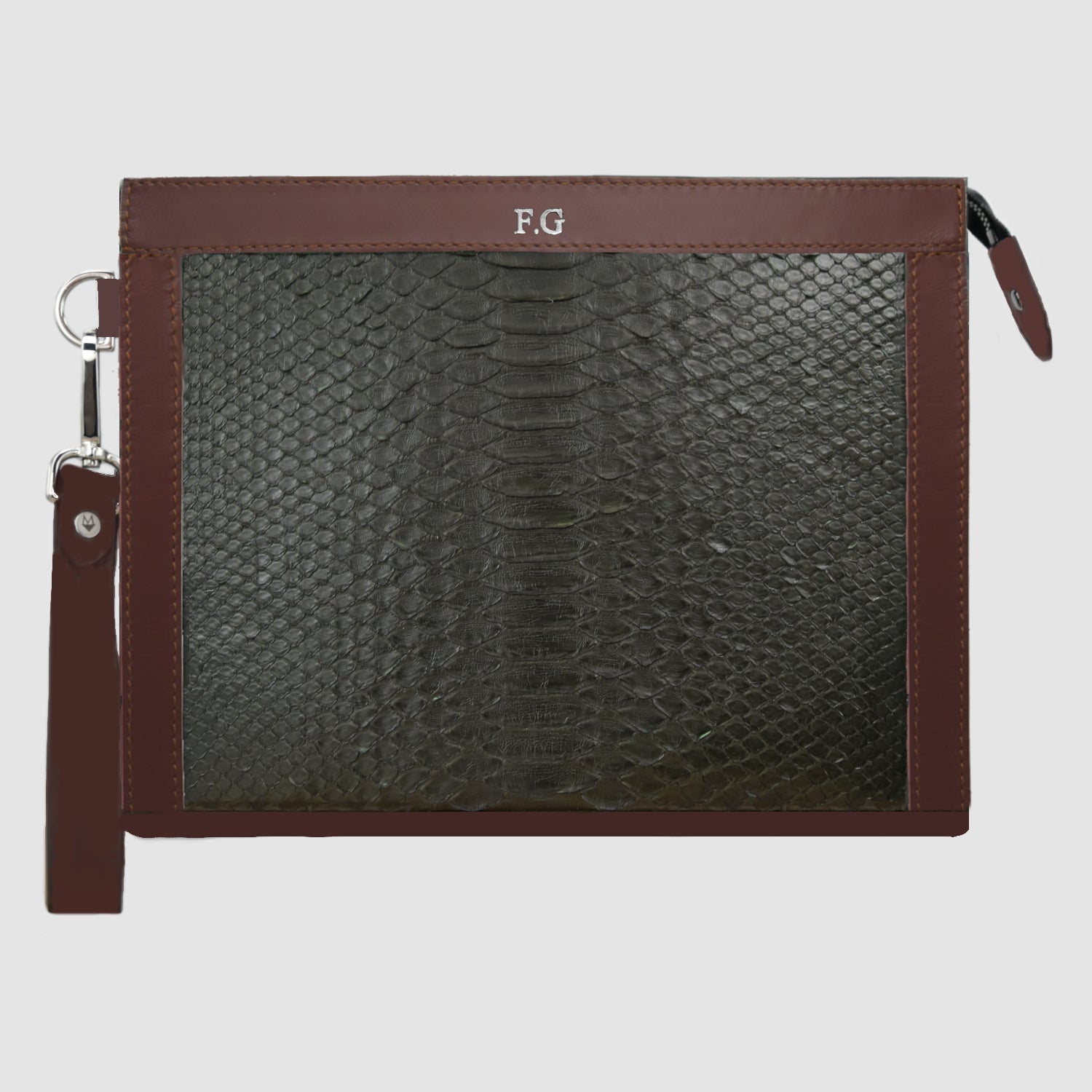 Pochette clutch borsa mod. "Conquistatore" Uomo vera pelle di Pitone Personalizzabile con iniziali - Verde Militare e  Marrone