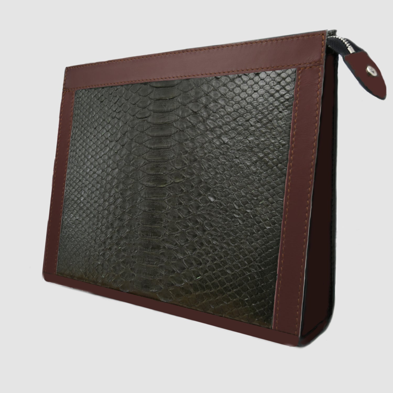 Pochette clutch borsa mod. "Conquistatore" Uomo vera pelle di Pitone Personalizzabile con iniziali - Verde Militare e  Marrone
