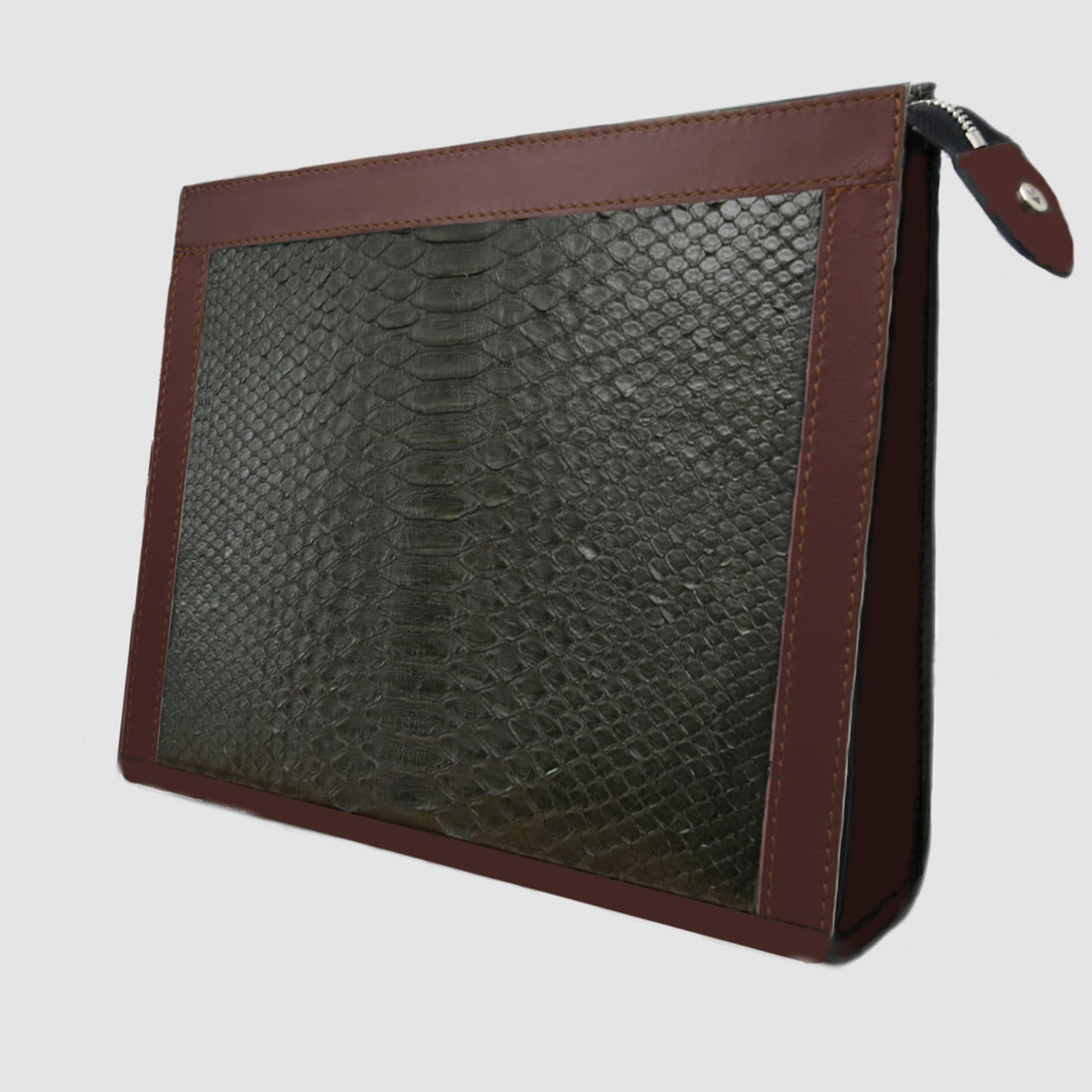 Pochette clutch borsa mod. "Conquistatore" Uomo vera pelle di Pitone Personalizzabile con iniziali - Verde Militare e  Marrone