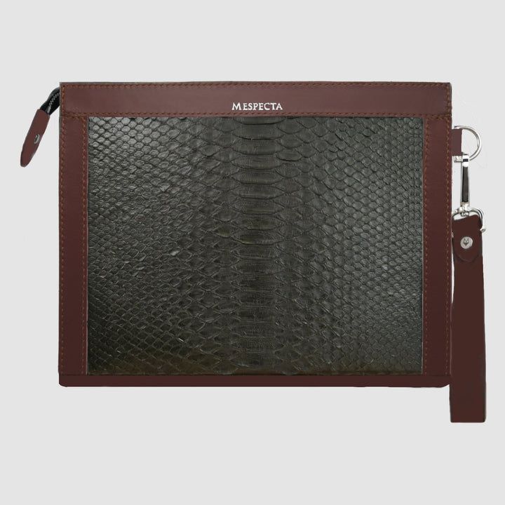 Pochette clutch borsa mod. "Conquistatore" Uomo vera pelle di Pitone Personalizzabile con iniziali - Verde Militare e  Marrone
