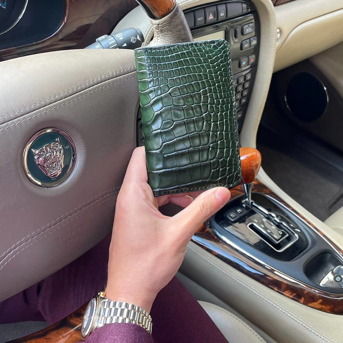 Porta carte mod "Podio" Organizer vera pelle di coccodrillo mod. "Podio" Personalizzabile - 10 tasche - Verde Bosco