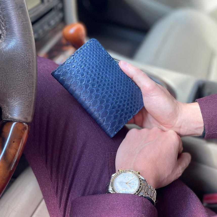 Porta carte mod "Podio" Organizer tascabile in vera pelle di Pitone Personalizzabile - Blu Navy
