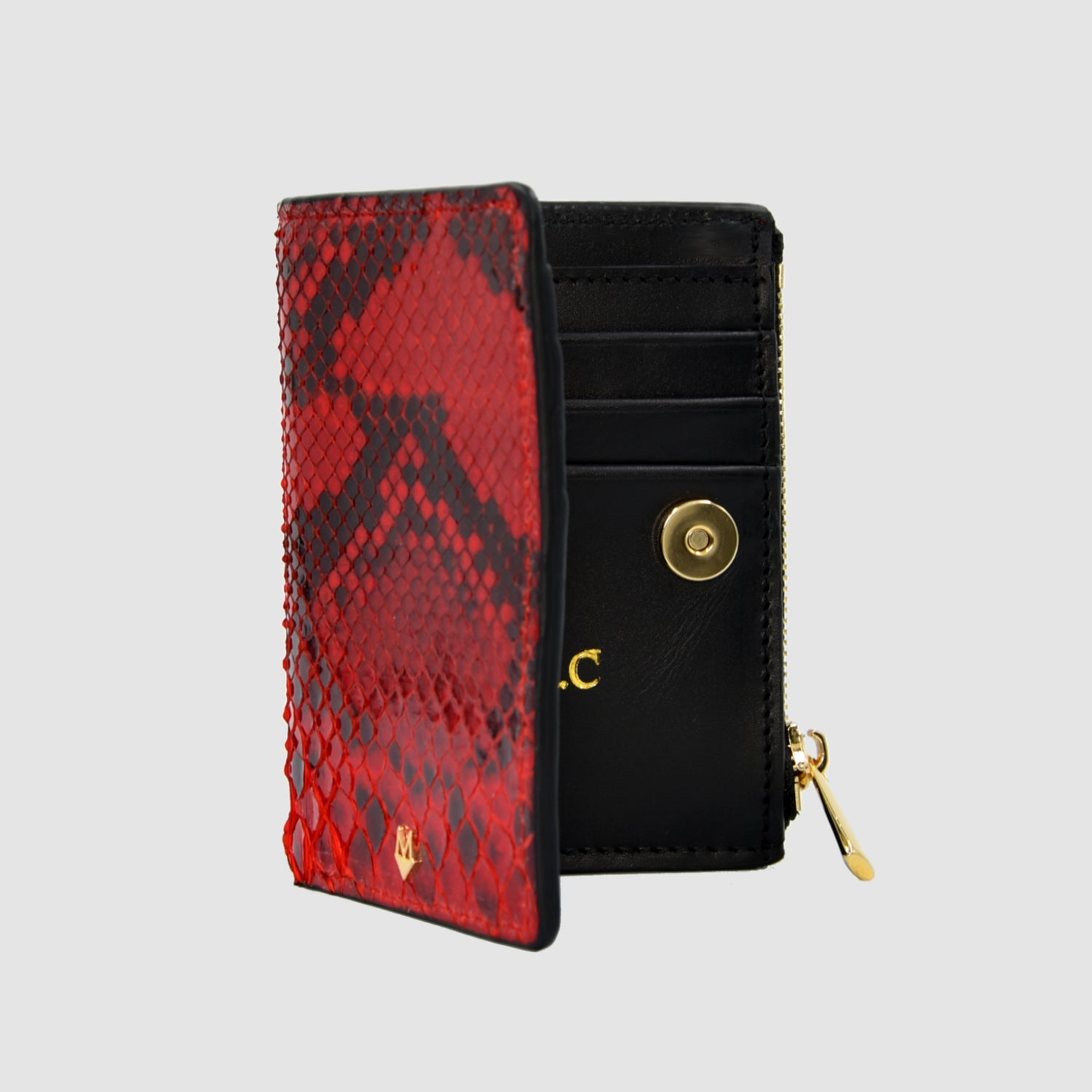 Portafoglio in vera pelle di Pitone Nero con Cuore di Pitone Rosso Personalizzabile