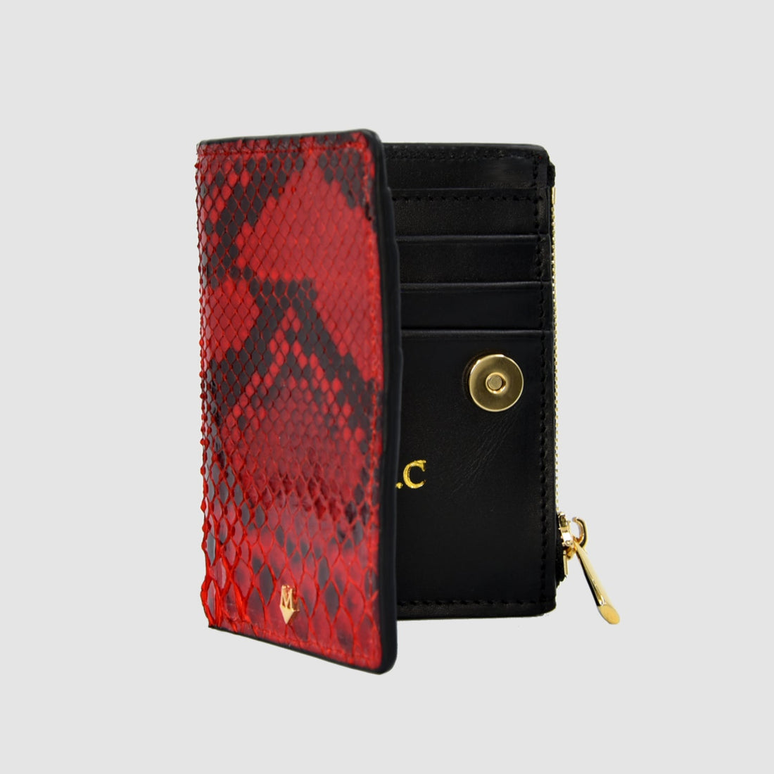 Portafoglio in vera pelle di Pitone Nero con Cuore di Pitone Rosso Personalizzabile