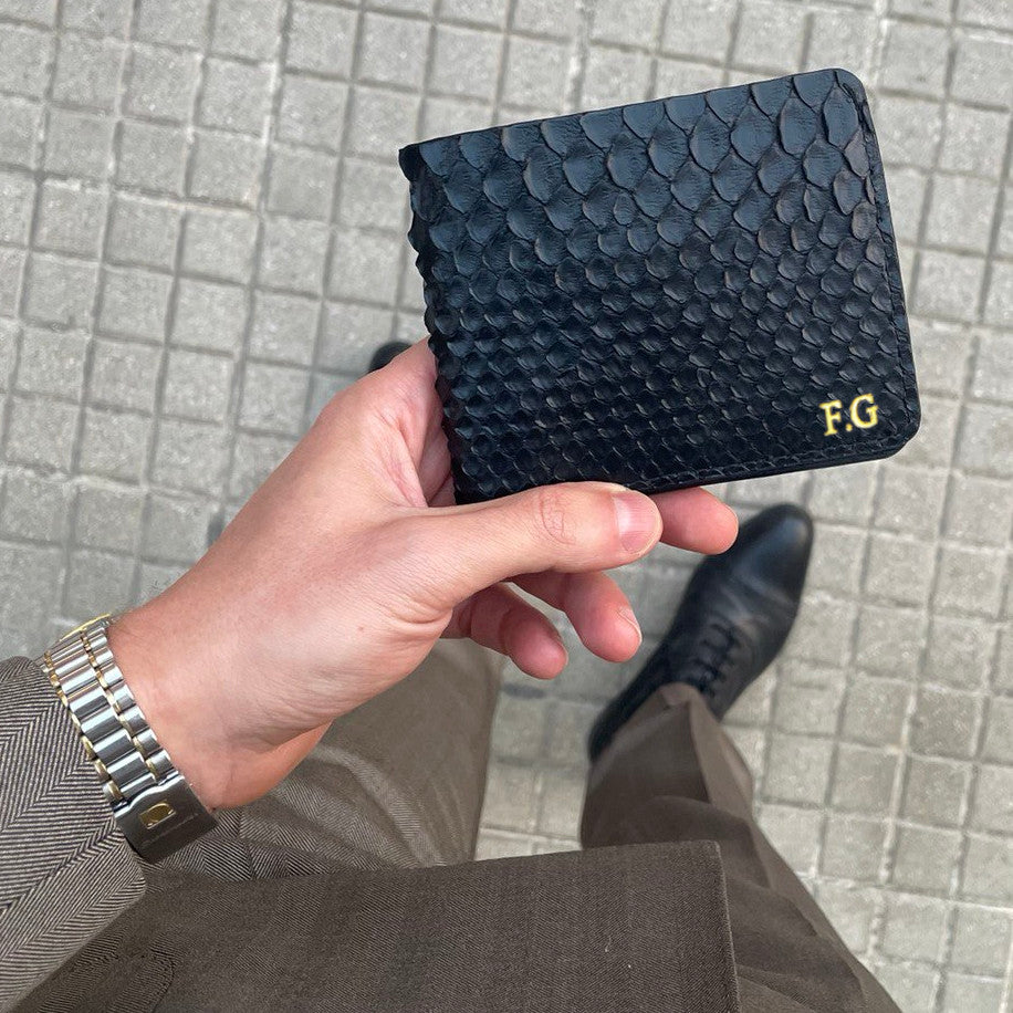 Portafoglio mod. "Esemplare" in vera pelle di Pitone Nero Personalizzabile