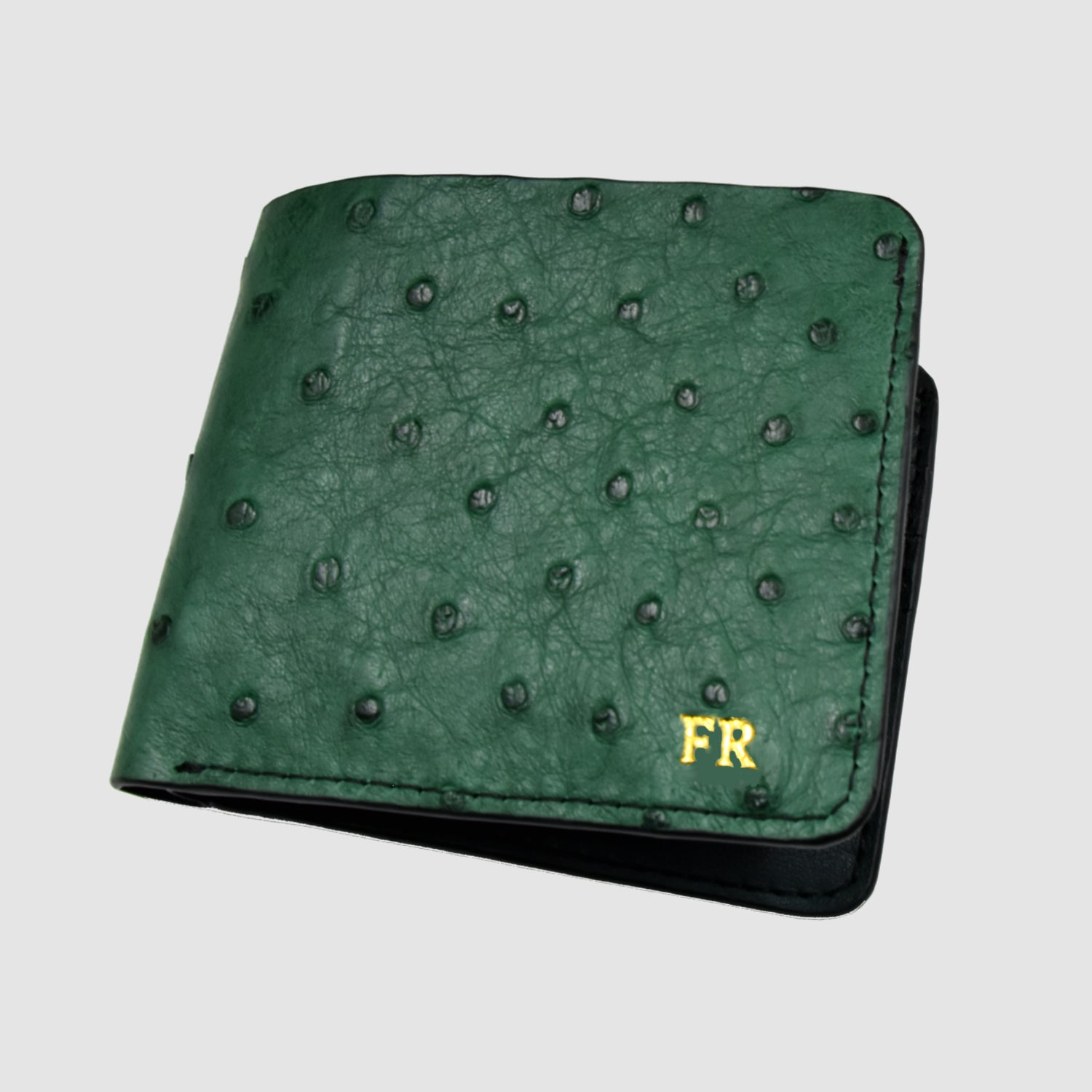 Portafoglio mod. "Esemplare" in vera pelle di Struzzo Personalizzabile - Verde Scuro