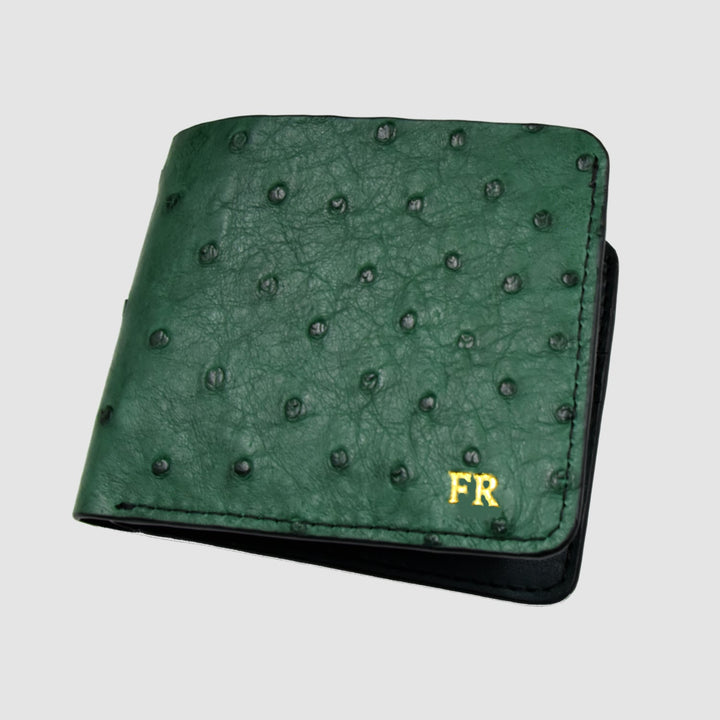 Portafoglio mod. "Esemplare" in vera pelle di Struzzo Personalizzabile - Verde Scuro
