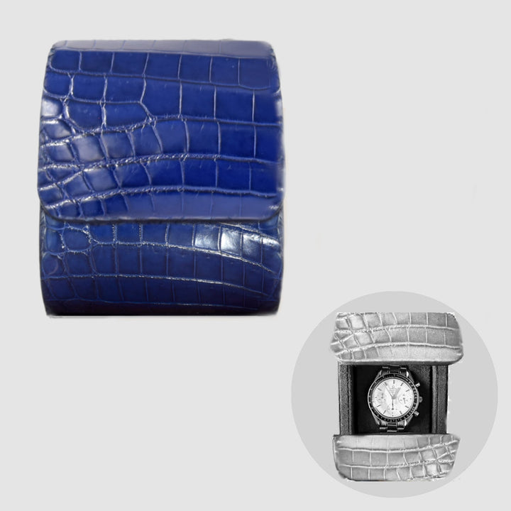 Portaorologio Watch Roll in Pelle di Coccodrillo Blu Personalizzato 1 slot