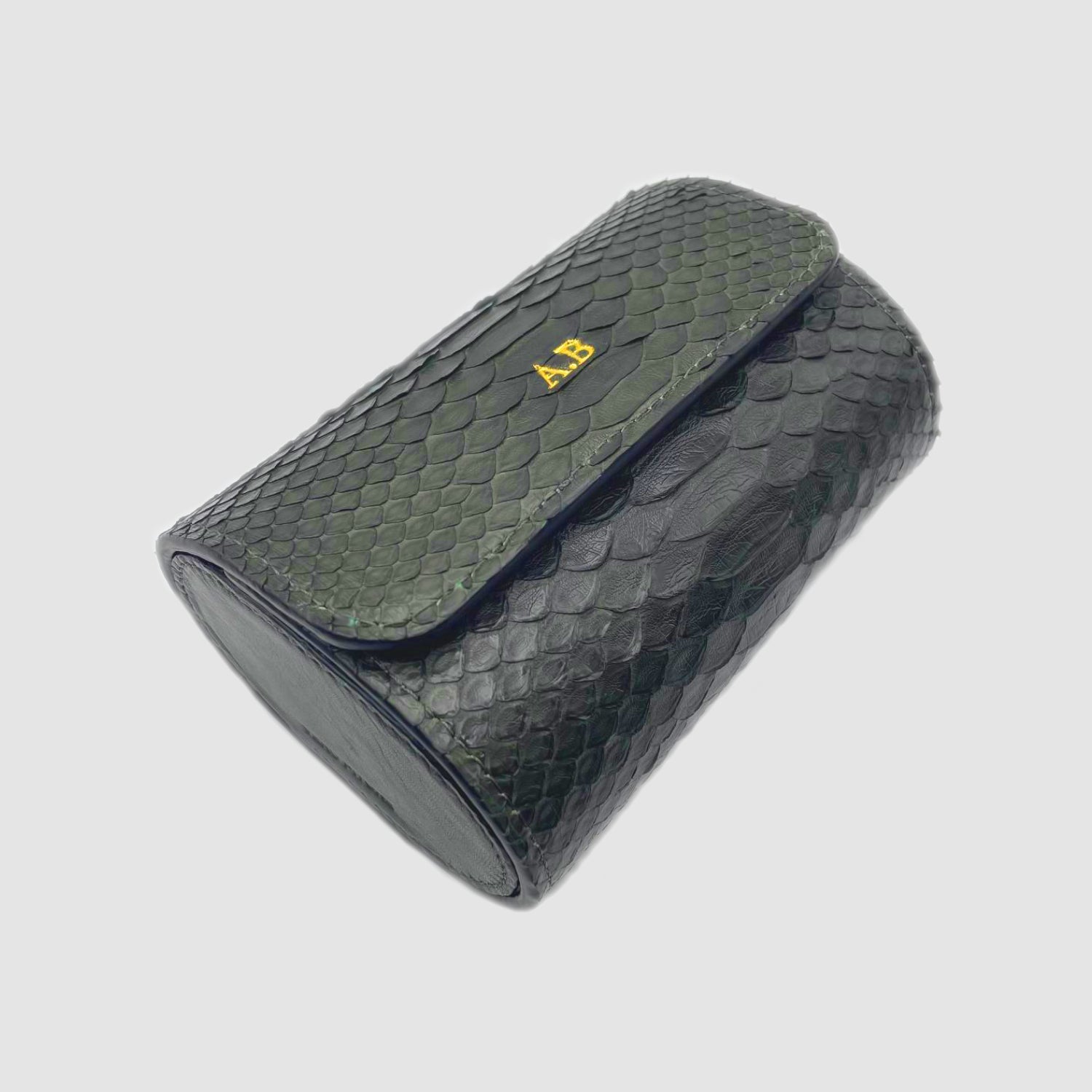 Portaorologio Watch Roll in Pelle di Pitone Verde Militare Personalizzato 2 slots per 2 orologi