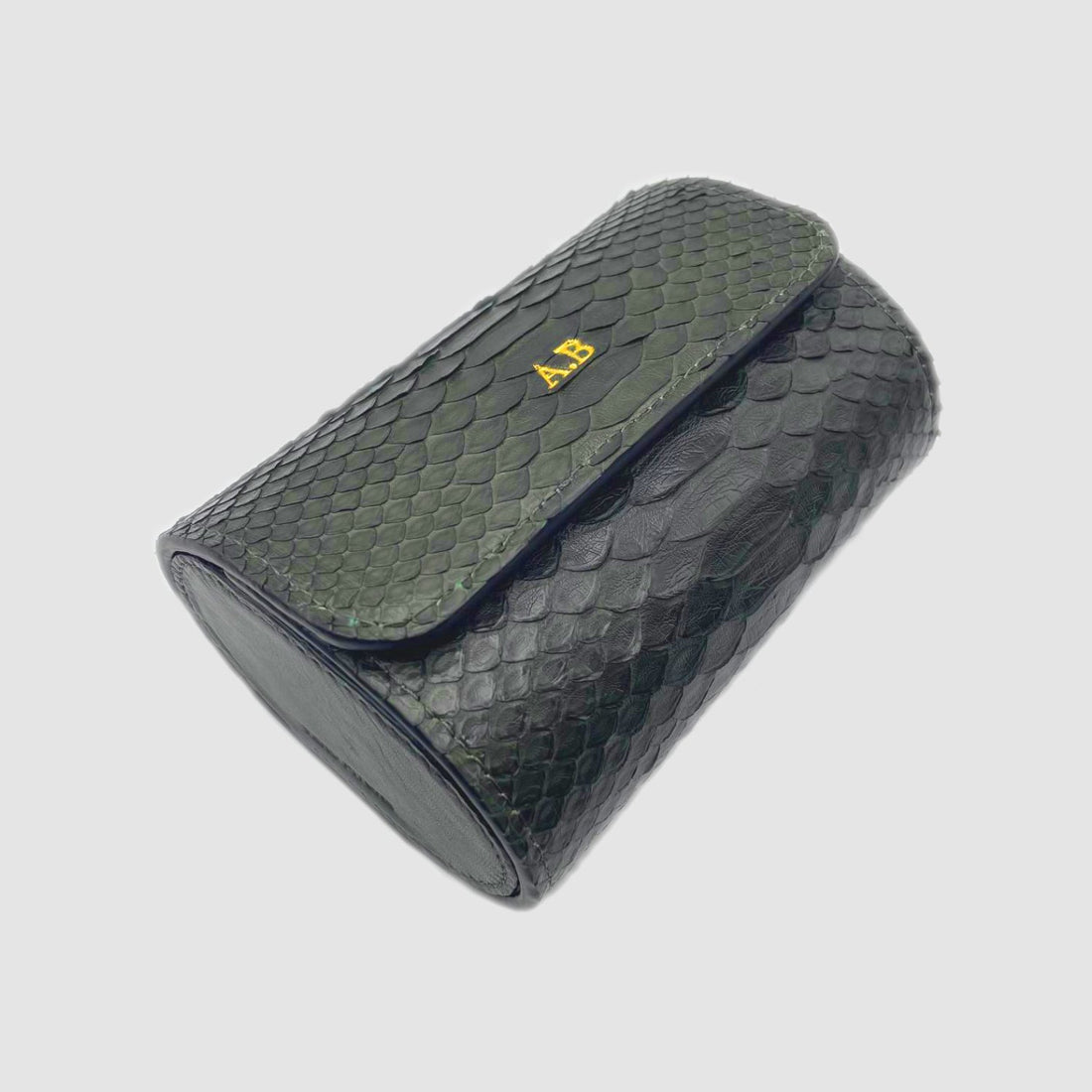 Portaorologio Watch Roll in Pelle di Pitone Verde Militare Personalizzato 2 slots per 2 orologi
