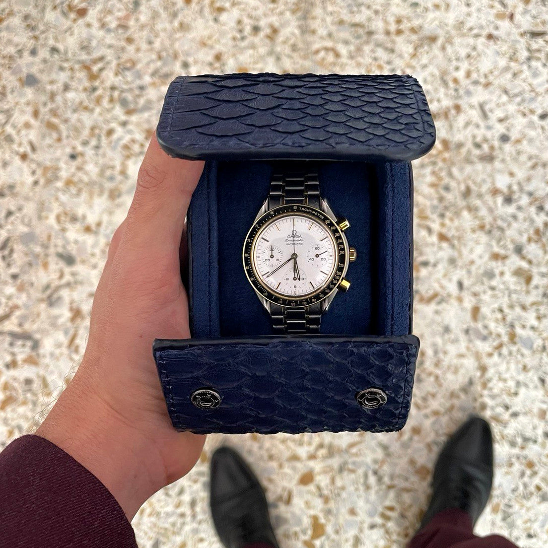 Portaorologio Watch Roll in Pelle di Pitone Blu Navy Personalizzato 1 slot