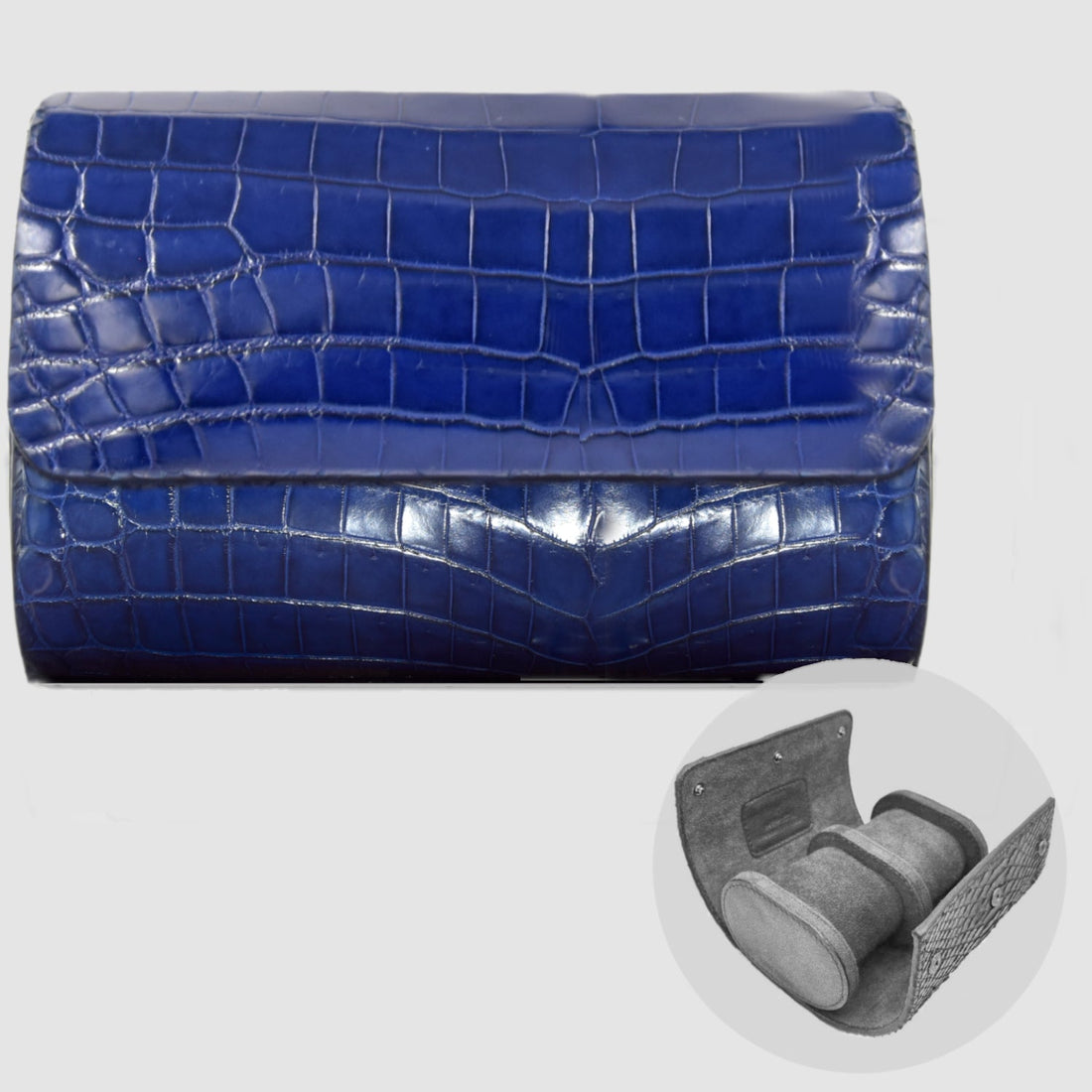 Portaorologio Watch Roll in Pelle di Coccodrillo Blu Personalizzato 2 slot