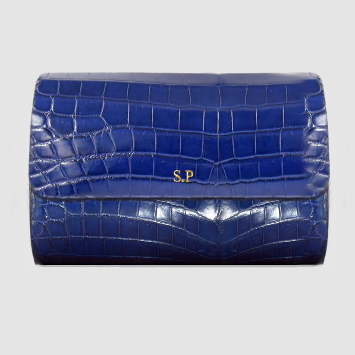 Portaorologio Watch Roll in Pelle di Coccodrillo Blu Personalizzato 2 slot