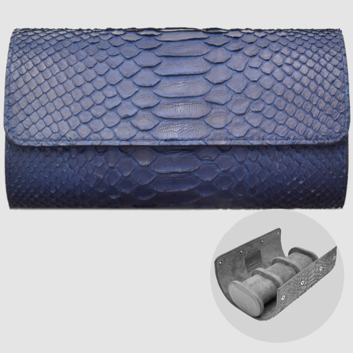 Portaorologio Watch Roll in Pelle di Pitone Blu Navy Personalizzato 3 slots per 3 orologi