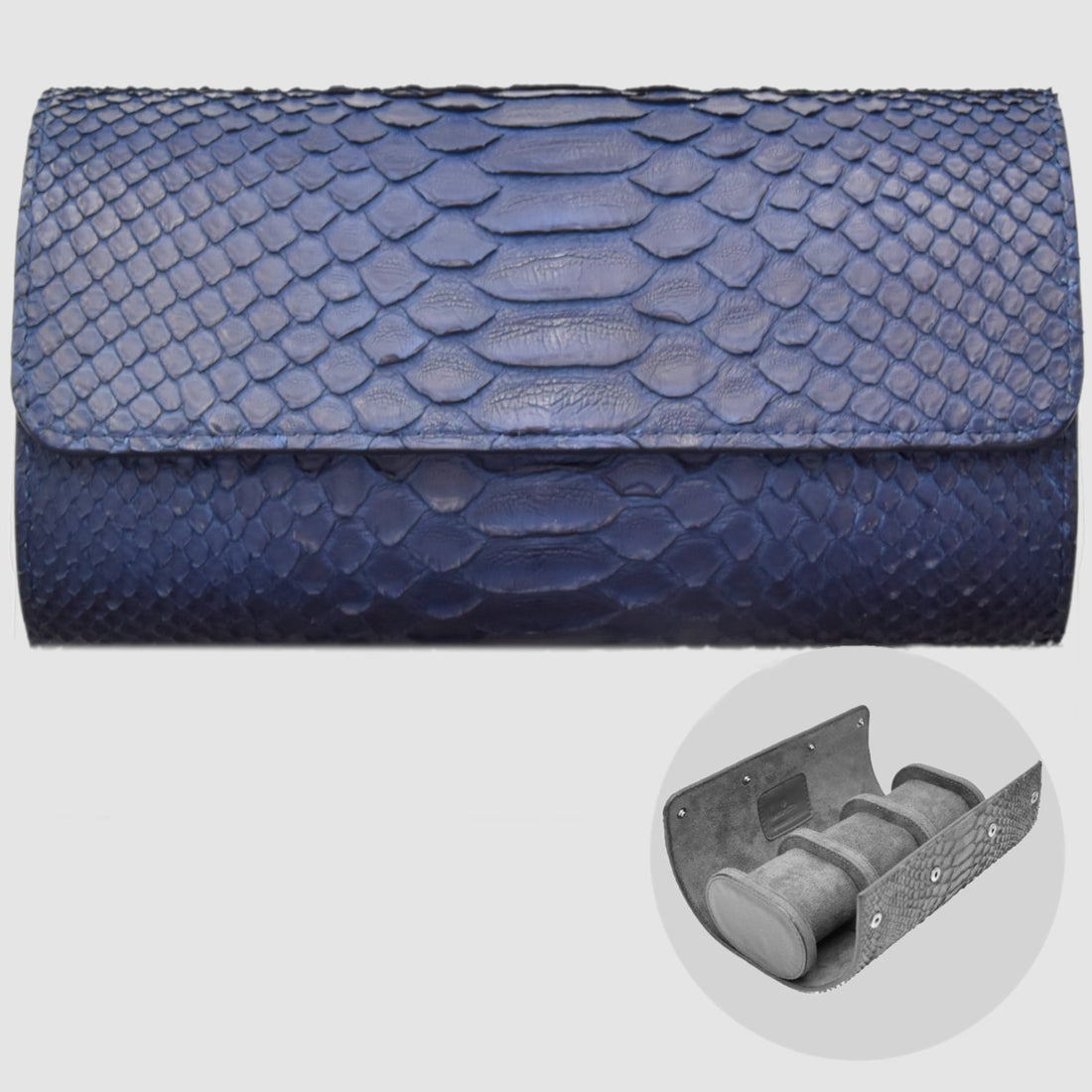 Portaorologio Watch Roll in Pelle di Pitone Blu Navy Personalizzato 3 slots per 3 orologi